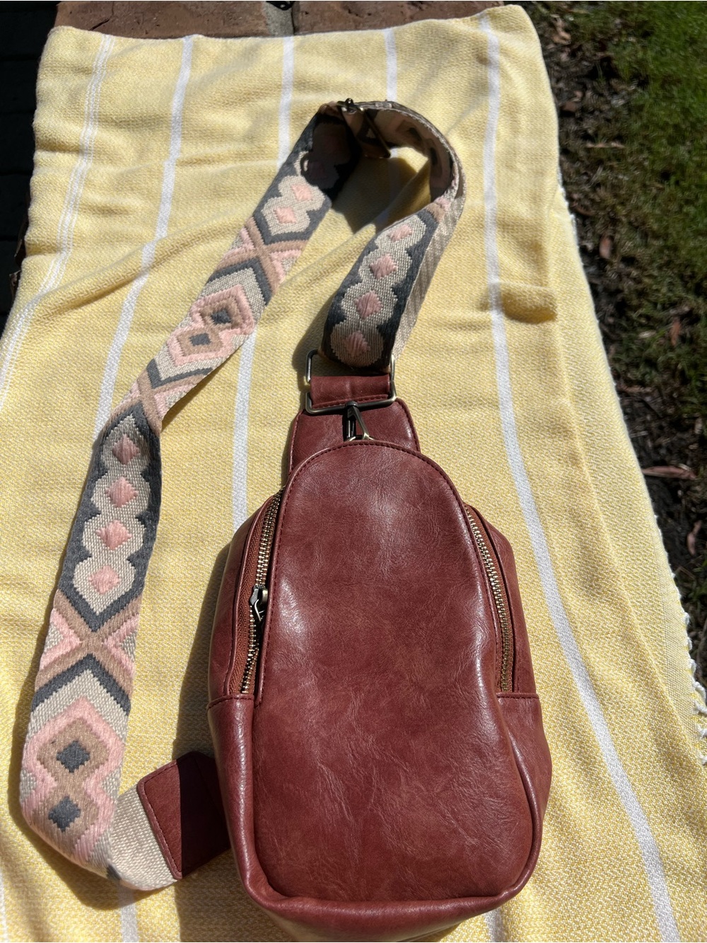 Crossbody Sling Bag - Brown with Patterned Strap